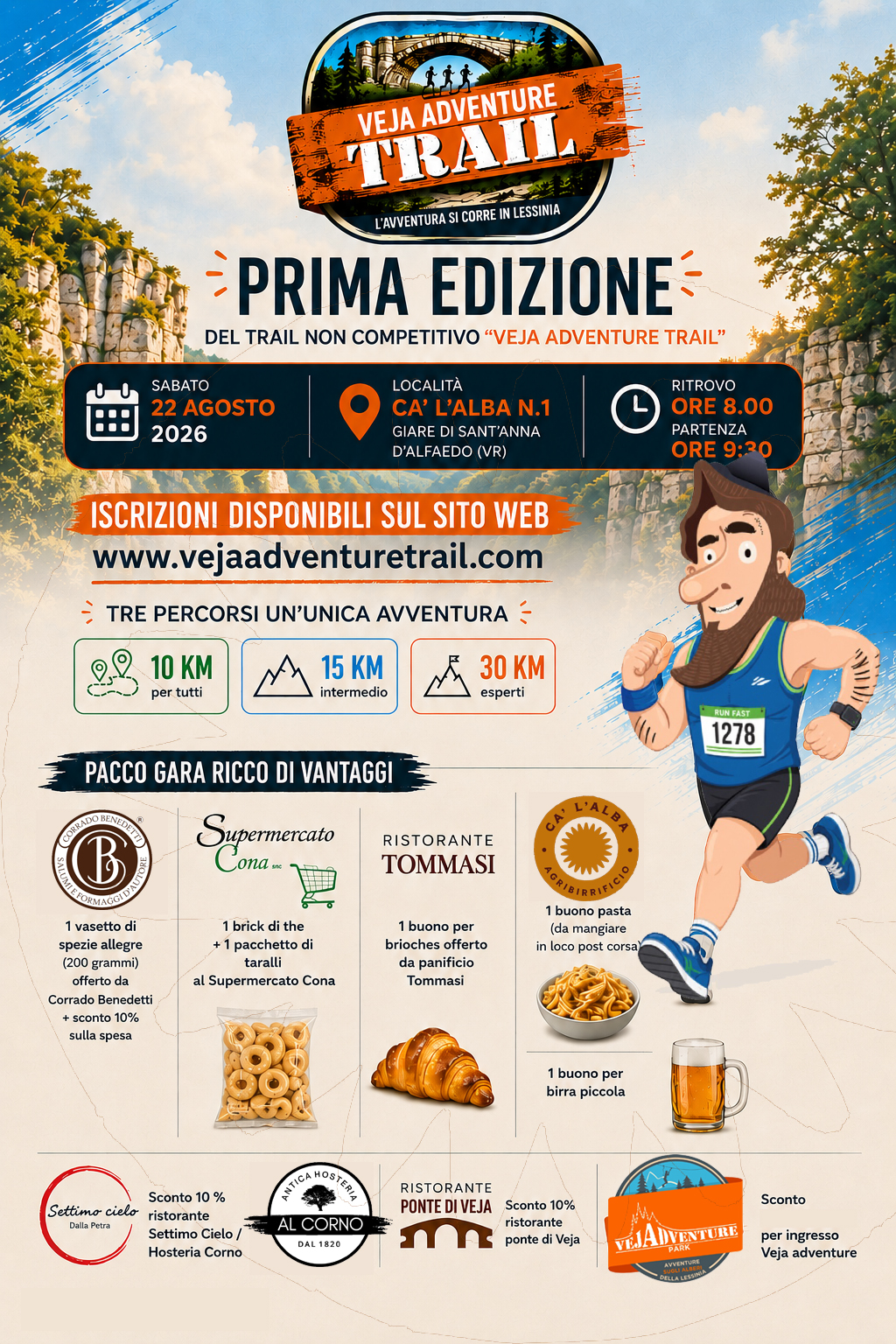 Locandina VejaAdventure Trail 2026 con i premi e il pacco gara offerti a tutti i partecipanti